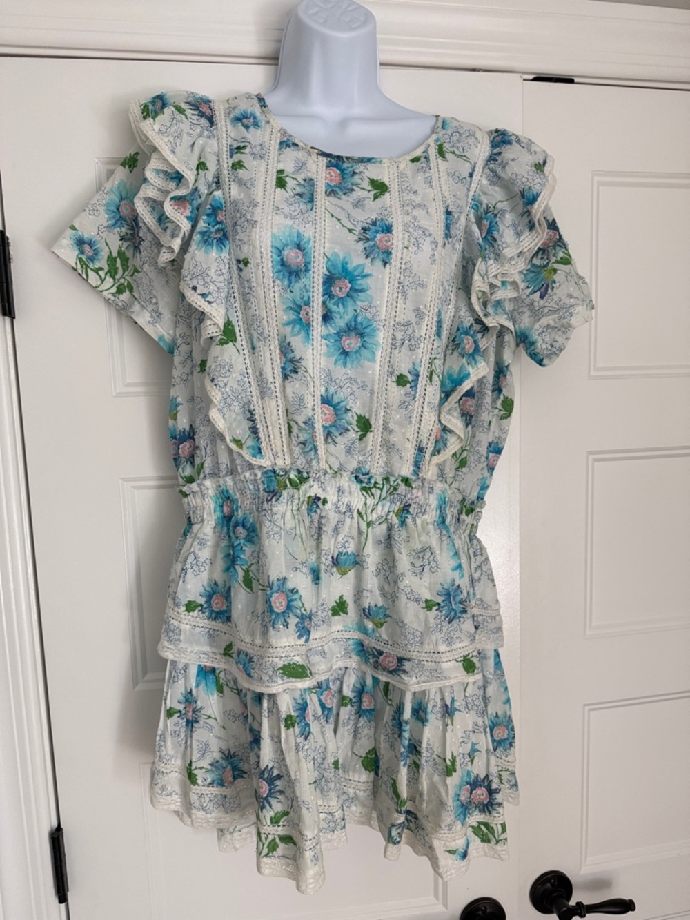 LoveShackFancy Blue and Green Floral Ruffle Mini Dress
